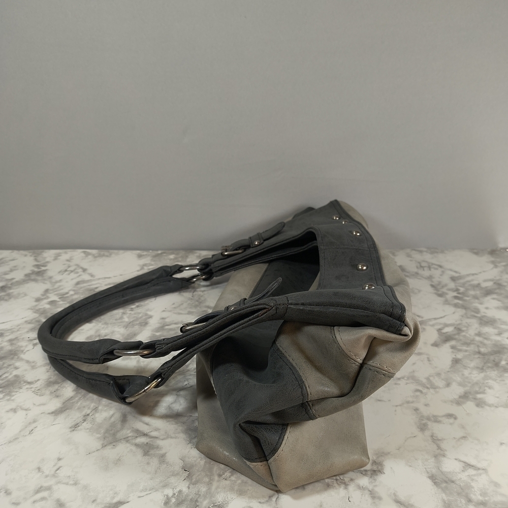 Striped Gray Vinyl Silver Stud Accents Shoulder Bag - Picture 8 of 11